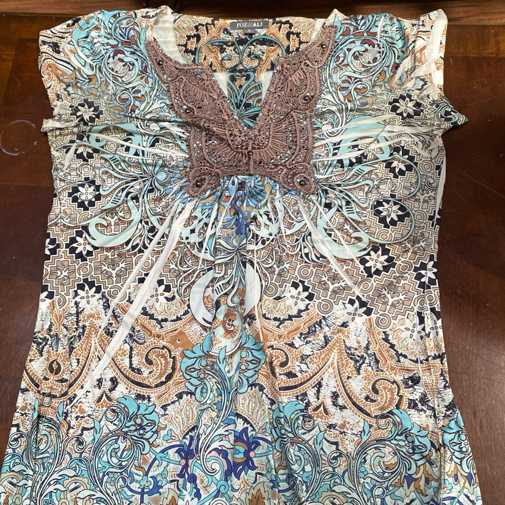 Roz & Ali Multicolor Paisley Blouse with Crochet Detail